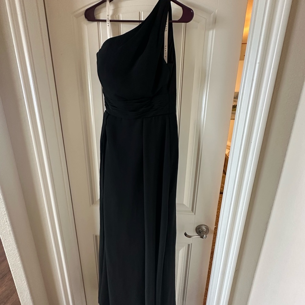 Azazie Black A-Line One Shoulder Chiffon Dress
